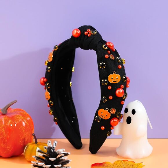 Halloween Headband Women Pumpkin Ghost Gothic Pearl Rhinestone Knotted Hairband - Picture 5 of 7